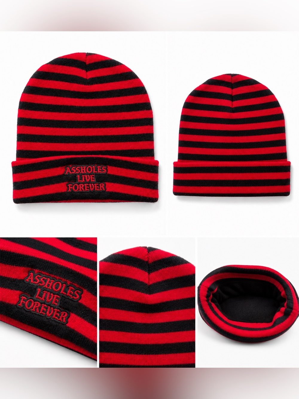 Assholes Live Forever Red Black Striped Knit Beanie Skull Cap One Size